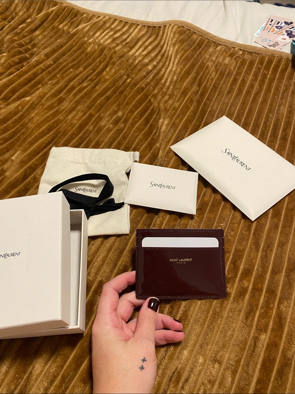 Saint Laurent Patent Card Holder in Deep Bordeaux